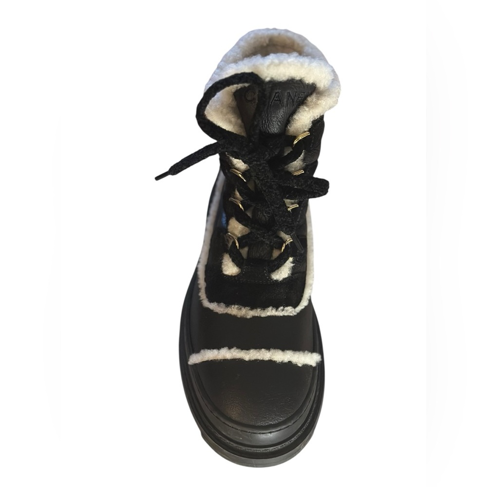 CHANEL Black Calfskin & White Shearling-Trim Lace-Up Sherpa Lined Combat Boots - Picture 10 of 15